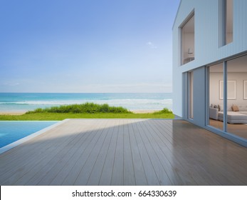 Luxury Beach House With Sea View Swimming Pool And Empty Terrace In Modern Design, Vacation Home For Big Family - 3d Rendering Of Residential Building
