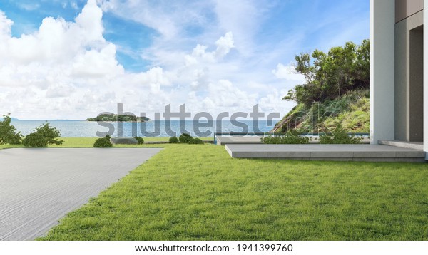 Luxury beach house\
with sea view swimming pool and big garden in modern design. Empty\
green grass lawn at vacation home. 3d illustration of contemporary\
holiday villa\
exterior.