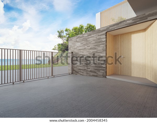 Luxury beach house\
with sea view and wooden door in modern design. Empty concrete\
floor car park at vacation home. 3d illustration of contemporary\
holiday villa\
exterior.