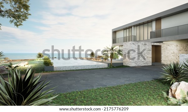 Luxury beach house with sea view swimming pool\
and terrace in modern design. Lounge chairs on wooden floor deck at\
vacation home or hotel. 3d illustration of contemporary holiday\
villa exterior.
