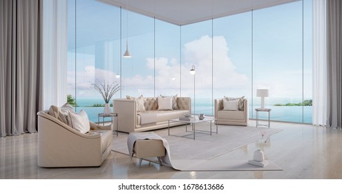 Luxury Beach House.Sofa,armchair,stool,side Table,lamps,curtains In Living Room With Infinity Edge Swimming Pool And Sea View Outside.Vacation Home Or Holiday Villa.3d Rendering