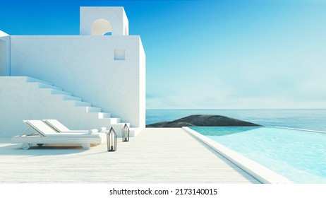 Luxury Beach Sea View Hotel And Resort - Santorini Style - 3D Rendering 