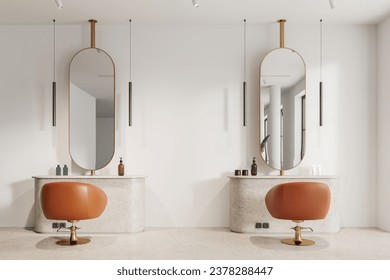 Luxury beauty salon interior with tall mirrors, two orange spinning armchairs in row on light granite floor. Marble dresser with accessories and lamps. 3D rendering - Powered by Shutterstock