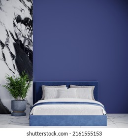 Luxury Bedroom With Black And White Marble Slab. Deep Blue Navy Trendy Tone Wall And Bed Color. Dark Luxury Mockup Interior Design Space. Modern Style Home Or Hotel, Showroom. 3d Rendering