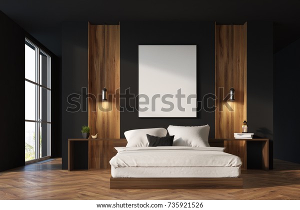 Luxury Bedroom Interior Black Wooden Walls Stock