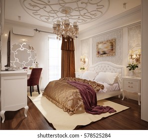 Luxury Bedroom Interior Design In Classic Style With White Bed And Silk Bedding. 3d Rendering.