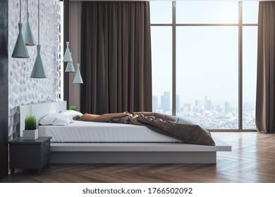 Luxury Bedroom Interior With Furniture, Items And Megapolis City View. Art And Design Concept. Mock Up, 3D Rendering