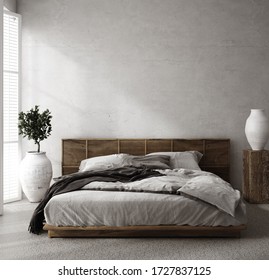 Luxury bedroom interior with minimal decor, loft style, 3d render