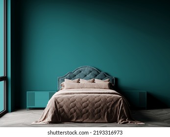 Luxury Bedroom In Premium Classic Interior Design. Deep Rich Tone Green - Dark Emerald Walls And Master Bed. Bed Linen Is Beige. Large Space Room And Empty Mockup Art Wall. 3d Render