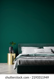 Luxury Bedroom In Premium Modern Interior Design Home Or Hotel. Deep Color Green Trend 2022 - Dark Emerald Walls And Bed. Accent Gold Brass Table. Mockup For Art Or Decor. 3d Rendering