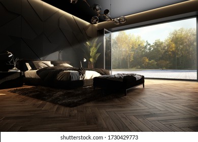 Luxury Black And Big Bedroom With Open Door And Amazing Garden View. 3d Render