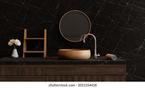 Luxury black interior design, Dark bathroom with wooden sink, silver tap, mirror in-wall, and natural white flowers in vase background. 3d render.