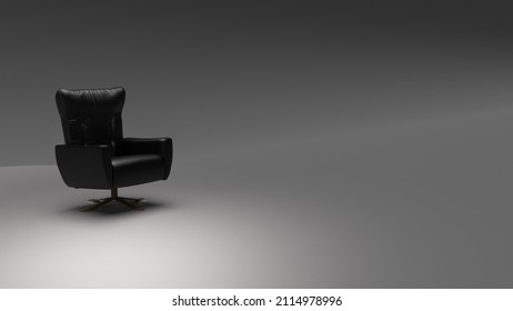 Luxury black leather arm chair on black background under spot light. Concept image of player oath, strategy meeting and lonely struggle. 3D illustration. 3D CG.