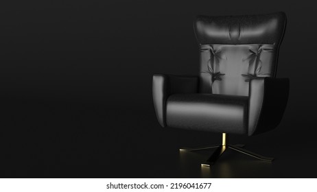 Luxury Black Leather Arm Chair On Black Background Under Spot Light. Concept 3D CG Of Player Oath, Strategy Meeting And Lonely Struggle. 