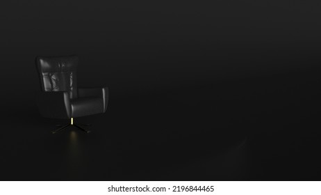 Luxury Black Leather Arm Chair On Black Background Under Spot Light. Concept 3D CG Of Player Oath, Strategy Meeting And Lonely Struggle. 