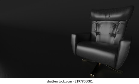 Luxury Black Leather Arm Chair On Black Background Under Spot Light. Concept 3D CG Of Player Oath, Strategy Meeting And Lonely Struggle. 