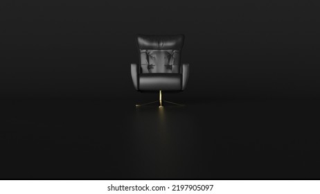 Luxury Black Leather Arm Chair On Black Background Under Spot Light. Concept 3D CG Of Player Oath, Strategy Meeting And Lonely Struggle. 