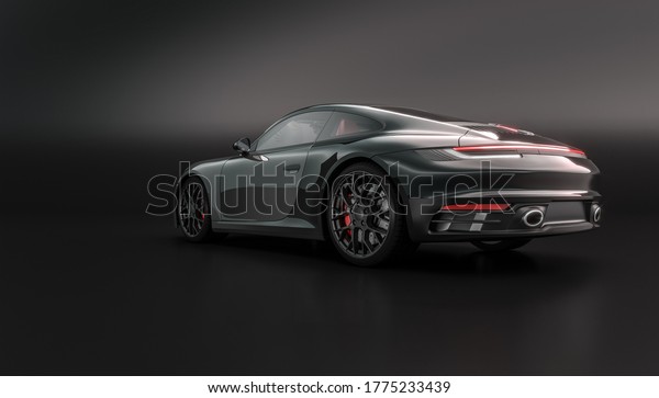 luxury black sports car on black. nobody\
around. 3d render\
background