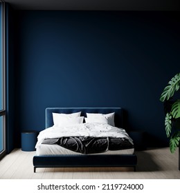 Luxury blue in the interior design  room. Navy cobalt color walls and bed. Dark room in deep colors - mockup for art. 3d rendering