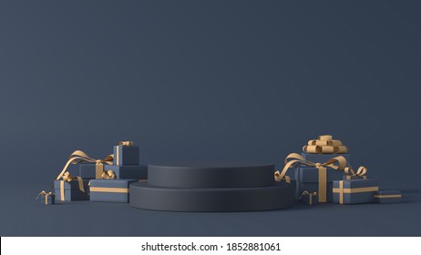 Luxury Blue Podium In Christmas Background. Decor By Gift Boxes, Ribbon. Concept Scene Stage Showcase, Product, Perfume, Promotion Sale,  Presentation, Cosmetic. 3D Render