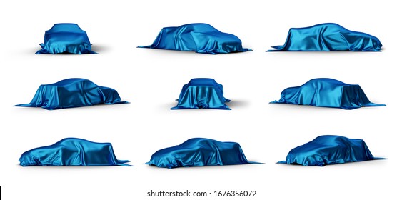 Luxury blue silk velvet, cloth covers car. Set of blue clothes covers car isolated on white background with shadow. Car under the cloth in different angles. 3D Illustration