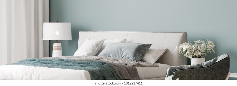 Luxury bright bedroom design, modern white bed and elegant home accessories on pastel blue wall background, panorama, 3d render, 3d illustration