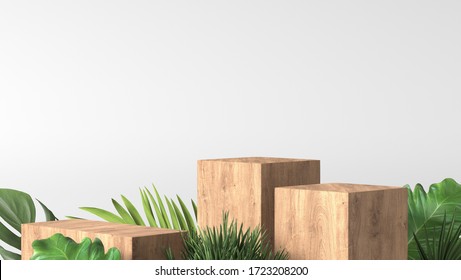 Luxury Brown Fine Wood Box, Block, Square Podium Cube Green Leaves In White Marble Background. Concept Scene Stage Showcase, Product, Perfume, Promotion Sale, Wooden, Presentation, Cosmetic. 3D Render