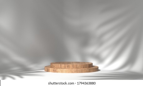 luxury brown fine wood box, block, cylinder podium cube shadow leaves in white marble background. concept scene stage showcase, product, promotion sale, wooden, presentation, cosmetic. 3D render