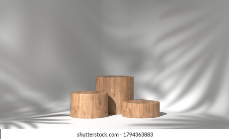 Luxury Brown Fine Wood Box, Block, Cylinder Podium Cube Shadow Leaves In White Marble Background. Concept Scene Stage Showcase, Product, Promotion Sale, Wooden, Presentation, Cosmetic. 3D Render