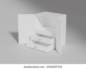 Luxury cabinet box mockup, 2-layer empty design drawer box mockup, jewelry box packaging mockup, premium gift box with drawer storage, high-end perfume packaging design with pull-open drawer ribbon