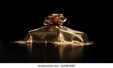 Luxury Car Prize, Covered With Golden Silk Cloth, Isolated On Black Background. 3d Render.