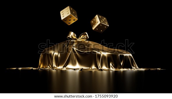 Luxury\
car prize from online casino with bow-knot veiled by shiny golden\
cloth on a black studio background with great lighting. Expensive\
gift. Flying dices. Photorealistic 3D\
illustration