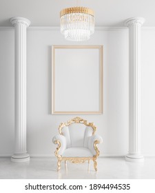 Luxury classic living room interior design with stylish armchair. White wall and gold details 3d render 3d illustration