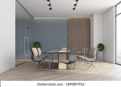 Luxury Conference Room With Long Meeting Table, Chairs And Empty Abstract Wall. Workplace And Company Concept. 3d Rendering