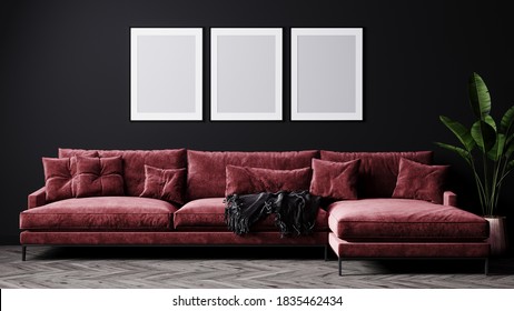 Luxury dark living room interior background, black wall mock up with three frames and red sofa, scandinavian style, 3d rendering