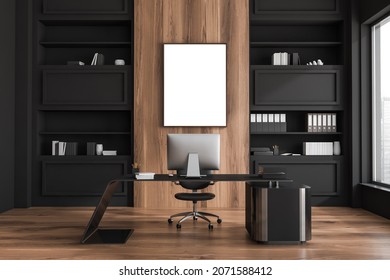 Luxury Design Of CEO Office Interior With Original Office Desk, Empty Canvas, Stylish Black Shelves, Wood Floor And Parquet Floor. Mock Up. Concept Of Working Place. 3d Rendering