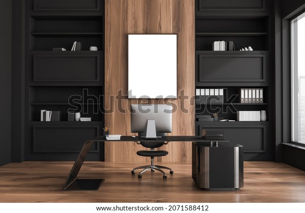 Luxury design\
of CEO office interior with original office desk, empty canvas,\
stylish black shelves, wood floor and parquet floor. Mock up.\
Concept of working place. 3d\
rendering