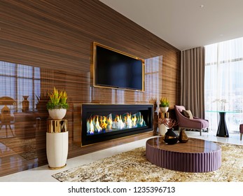 Luxury Designer Lobby Hotel With A Fireplace And A TV Set Built Into A Glossy Wooden Wall With A Pot On The Sides. 3d Rendering
