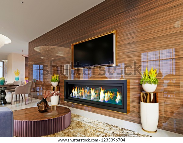 Luxury Designer Lobby Hotel Fireplace Tv Stock Image Download Now