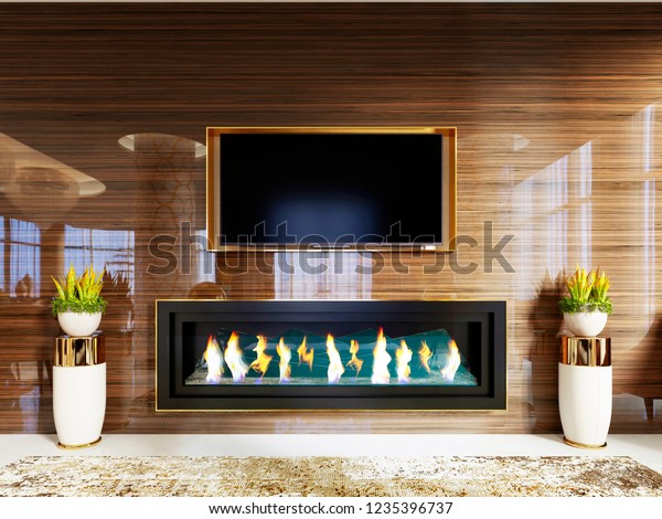 Luxury Designer Lobby Hotel Fireplace Tv Stock Illustration 1235396737