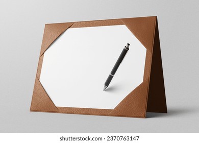 luxury elegant modern a4 landscape academic or corporate certificate paper with leather cover holder case realistic document mockup with signature pen 3d rendering illustration - Powered by Shutterstock