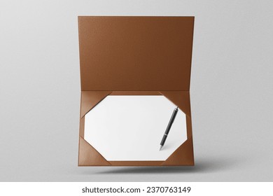 luxury elegant modern a4 landscape academic or corporate certificate paper with leather cover holder case realistic document mockup with signature pen 3d rendering illustration - Powered by Shutterstock