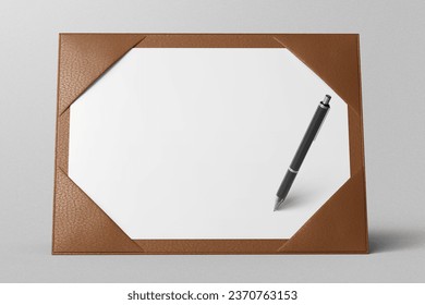 luxury elegant modern a4 landscape academic or corporate certificate paper with leather cover holder case realistic document mockup with signature pen 3d rendering illustration - Powered by Shutterstock