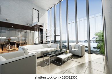 Luxury Estate Interior With Ocean View And Yacht. Photo Realistic 3d Scene. 