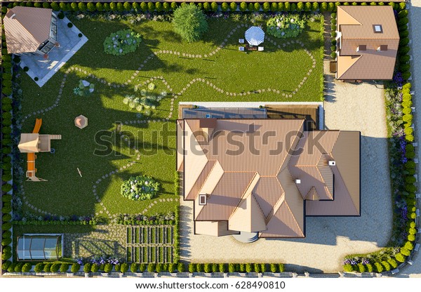 Luxury Family House Landscaping On Backyard Stock Illustration