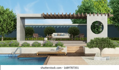 Luxury Garden With Concrete Gazebo, Outdoor Furniture And Poolside Chaise Lounge - 3d Rendering