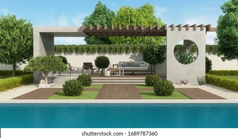 Luxury Garden With Concrete Gazebo, Outdoor Furniture And Large Swimming Pool-3d Rendering