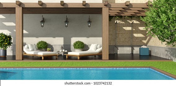 Luxury Garden With Pergola And Swimming Pool - 3d Rendering