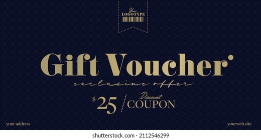 Luxury gift voucher template with exclusive discount offer. Elegant trendy layout design with monetary reward for vip client customer invitation. Promo card, ticket, present coupon illustration - Powered by Shutterstock