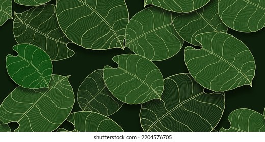 Luxury Gold And Nature Green Background. Floral Pattern, Golden Split-leaf Philodendron Plant With Monstera Plant Line Arts, Illustration.